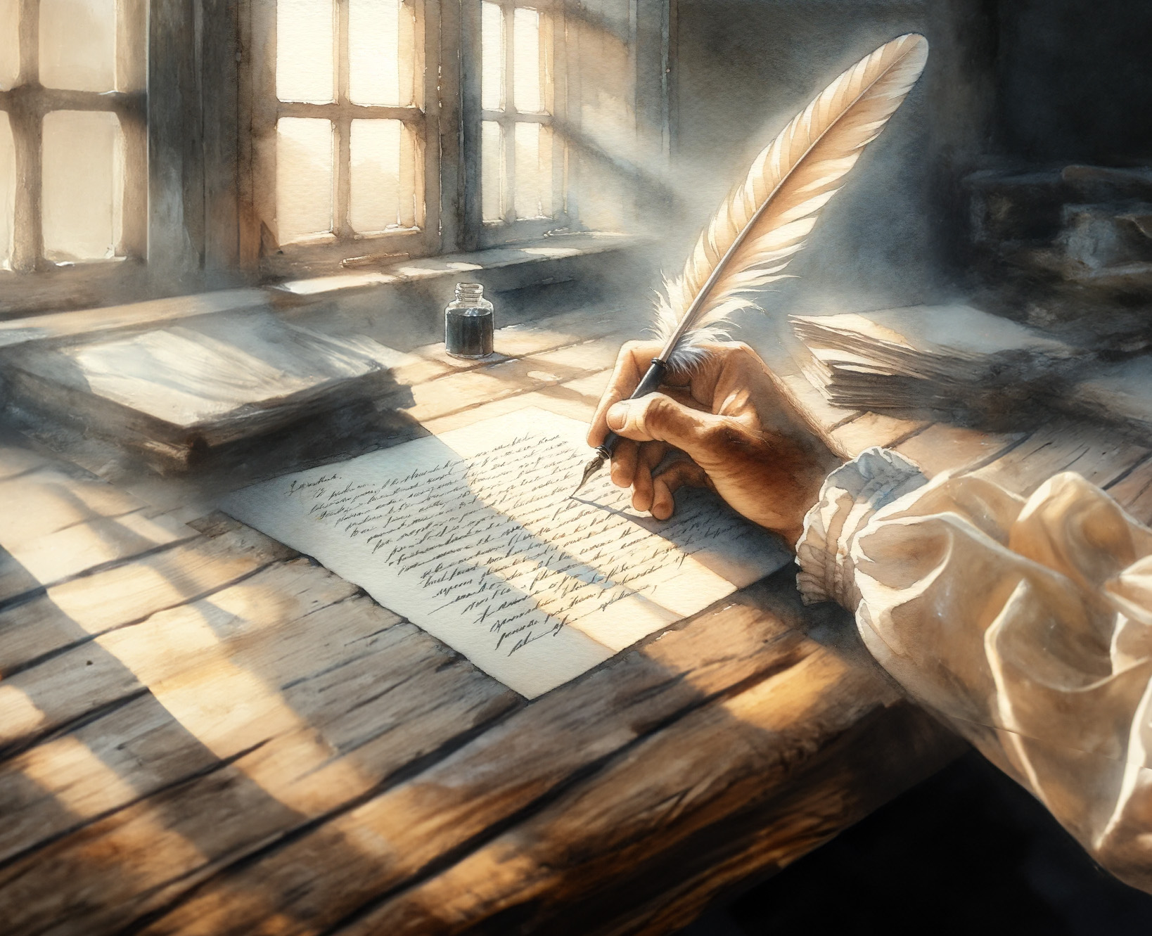 Contacter la maison d'édition 1 DALL·E 2024 02 28 18.50.04 An aquarelle painting in a light style showcasing a first person perspective of writing a letter. The focus is on the hand guiding the quill pen big