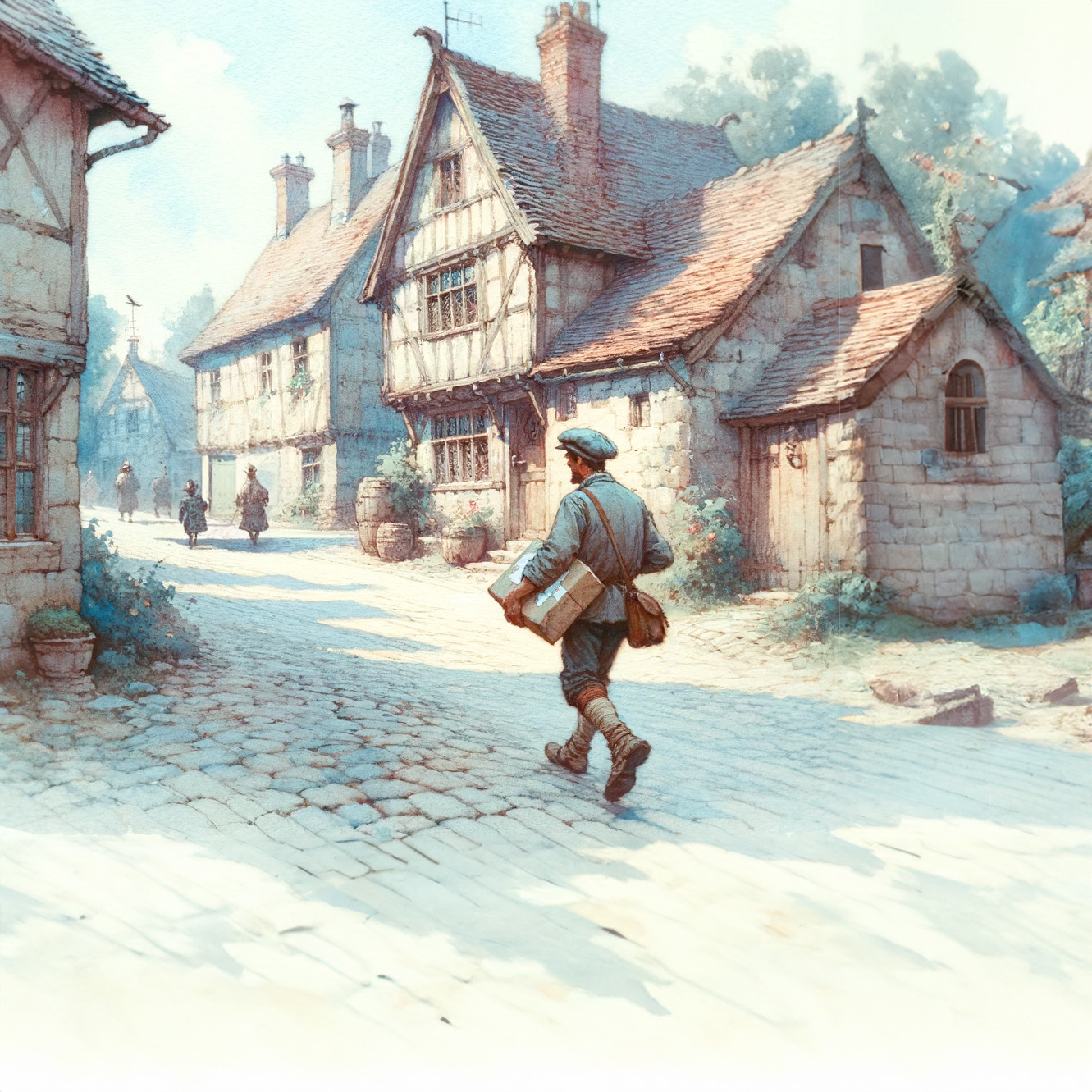 DALL·E 2024 02 28 19.07.17 A watercolor painting in pastel tones depicting a messenger delivering a package in a medieval village. The scene captures the courier walking down th