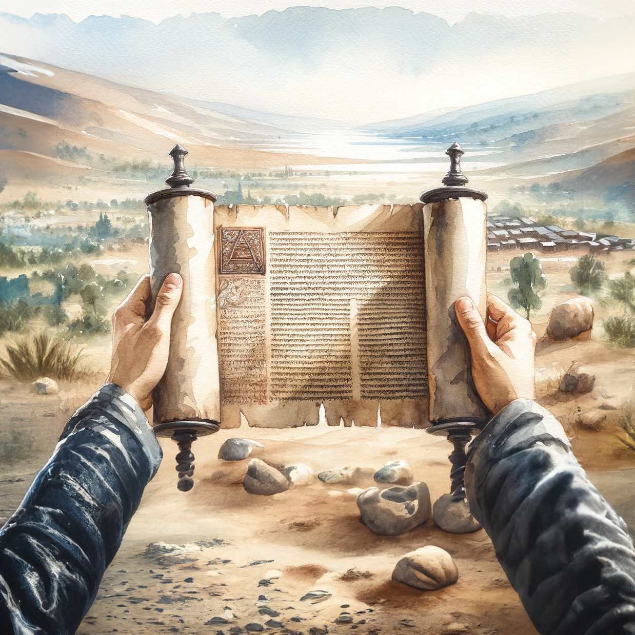 Bulletin d'information 1 DALL·E 2024 02 29 20.53.12 A watercolor painting depicting a person holding an open ancient parchment scroll with a subtly blurred background featuring a vast landscape and a v