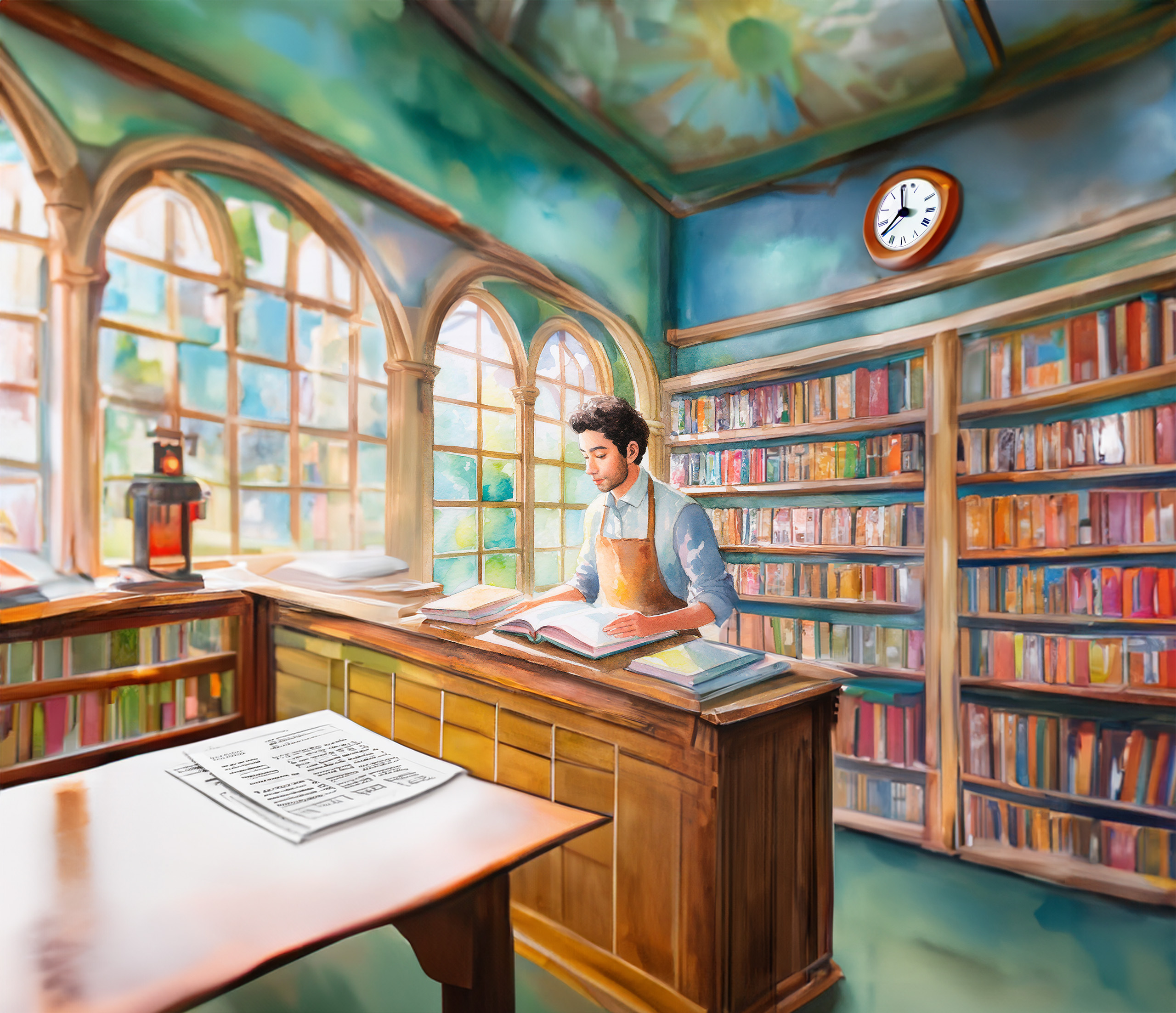 Pour les libraires 1 Firefly Erstelle ein Aquarell das einen traditionellen Buchhandler zeigt bigger