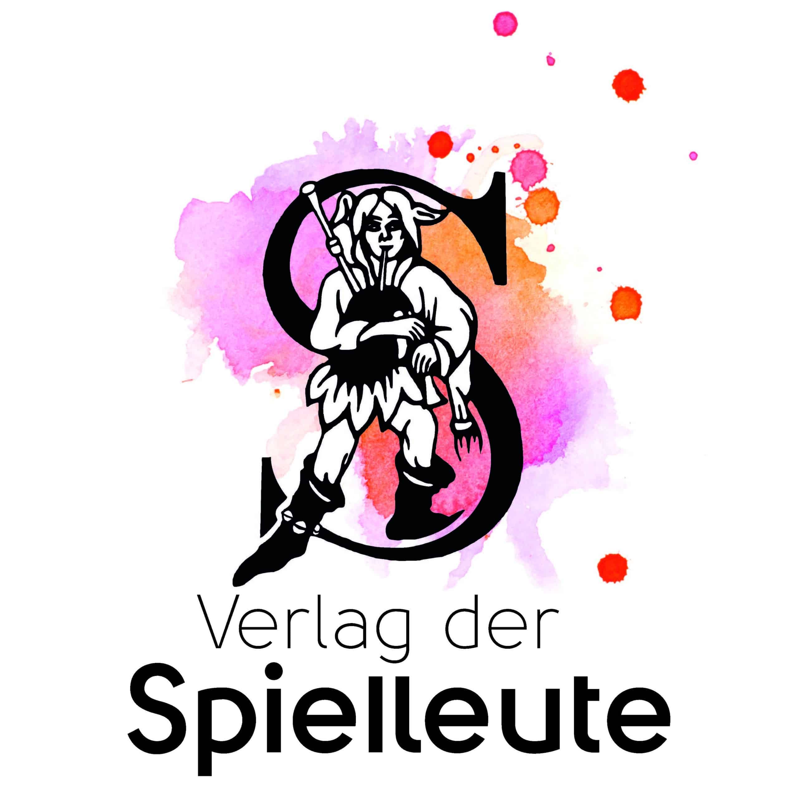 Logo des Verlags der Spielleute. Es zeigt einen mittelalterlichen Spielmann mit Dudelsack vor einem großen Buchstaben 'S'. Im Hintergrund sind bunte, aquarellartige Farbkleckse in Rot-, Orange- und Lilatönen zu sehen. Unter dem Bild steht der Schriftzug 'Verlag der Spielleute'.